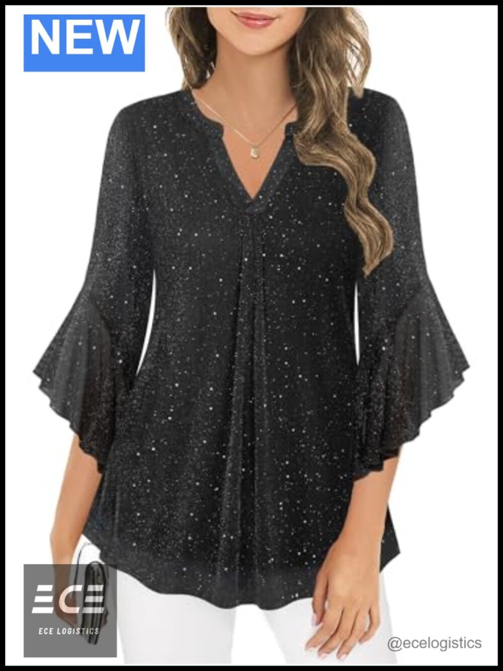 Sparkly Sequin Blouse 3/4 Bell Sleeve V-Neck Tunic Top for Evening Party